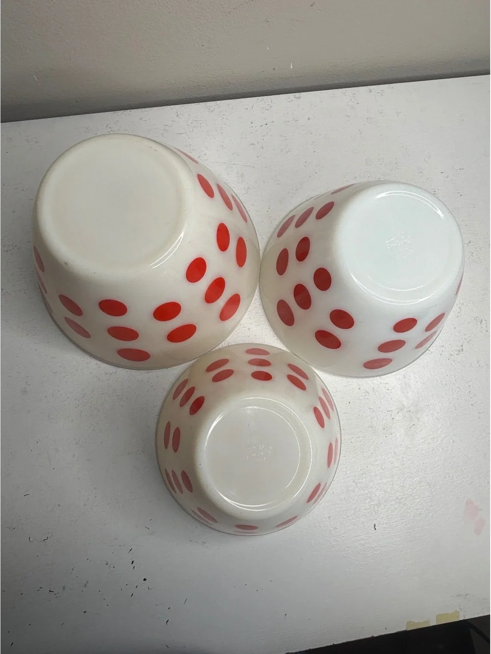 Vintage Fire King Red Polk Dot Milk Glass Oven Ware Mixing Bowl Set of 3